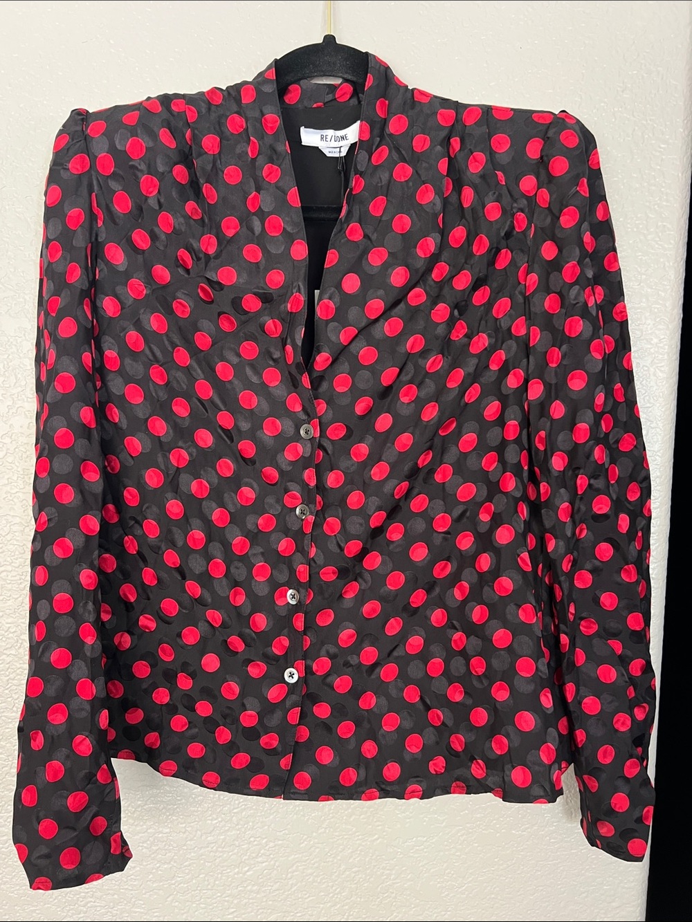 Re/Done Women’s 100% Silk Red & Black Polka Dot Tailored Long Sleeve Top Size S